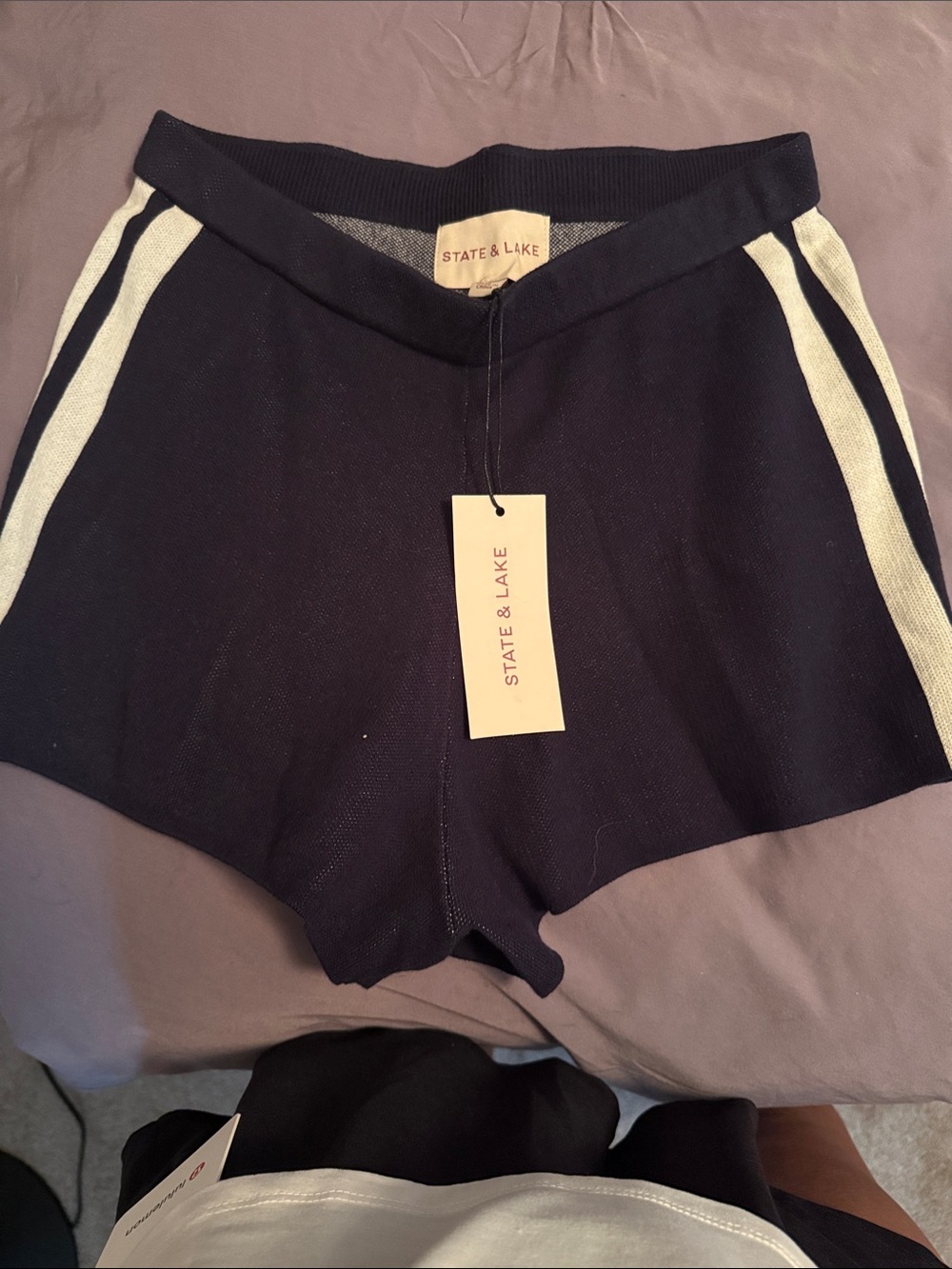 Navy Athletic Shorts with Cream Side Stripes